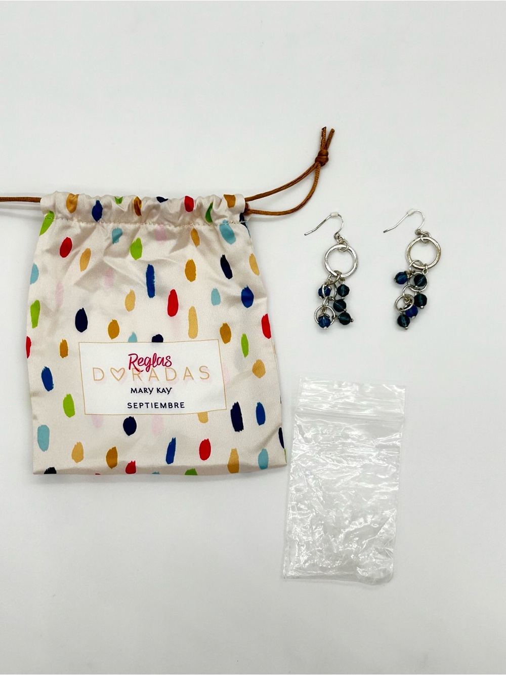 Mary Kay Navy Bead Dangle Earrings with Colorful Drawstring Pouch